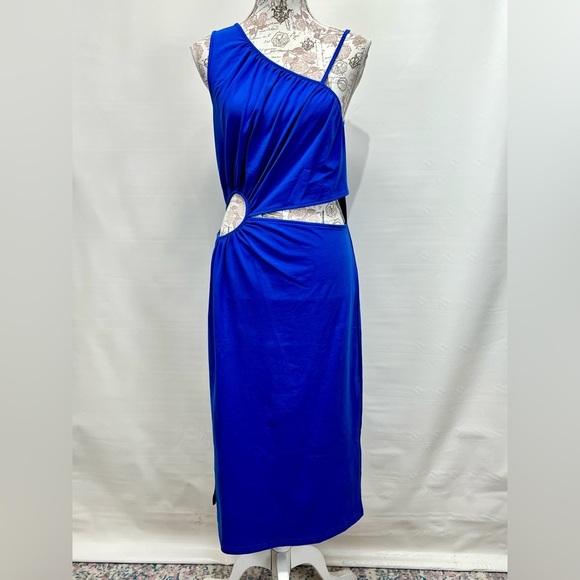 WALTER BAKER Royal blue one shoulder cutout midi dress size L - Picture 2 of 16